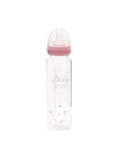   Hőálló üveg cumisüveg, szilikon etetőcumival, cseppmentes kupakkal 240 ml - rózsaszín
