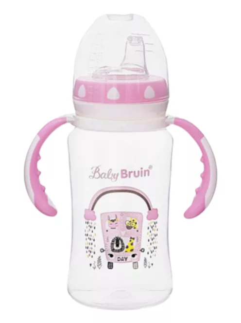 BabyBruin széles nyakú tanulópohár 300 ml, cseppmentes itatócsőrrel rózsaszín