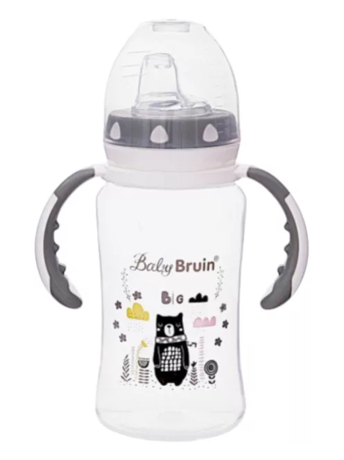 BabyBruin széles nyakú tanulópohár 300 ml, cseppmentes itatócsőrrel szürke