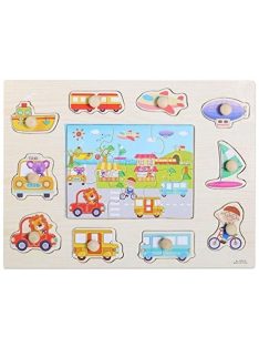   Fogantyús fa puzzle, fogós puzzle, kirakó 30x23 cm - Városi közlekedés 2 az 1-ben