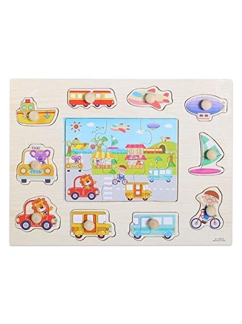 Fogantyús fa puzzle, fogós puzzle, kirakó 30x23 cm - Városi közlekedés 2 az 1-ben