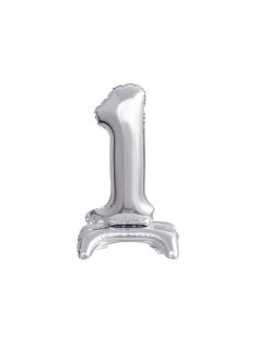 Silver, Ezüst mini 1-es szám fólia lufi talppal 38 cm