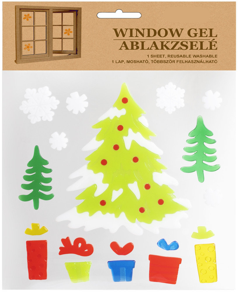 Karácsonyfa ajándékokkal téli ablakmatrica, ablakzselé, ablakdísz