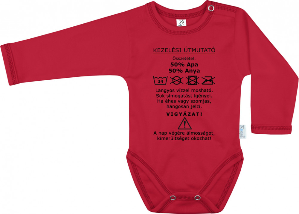 Kynga feliratos piros hosszú ujjú baba body - Kezelési útmutató 56, 62, 68, 74, 80, 86, 92, 98 cm - MEGSZŰNŐ TERMÉK, UTOLSÓ DARABOK