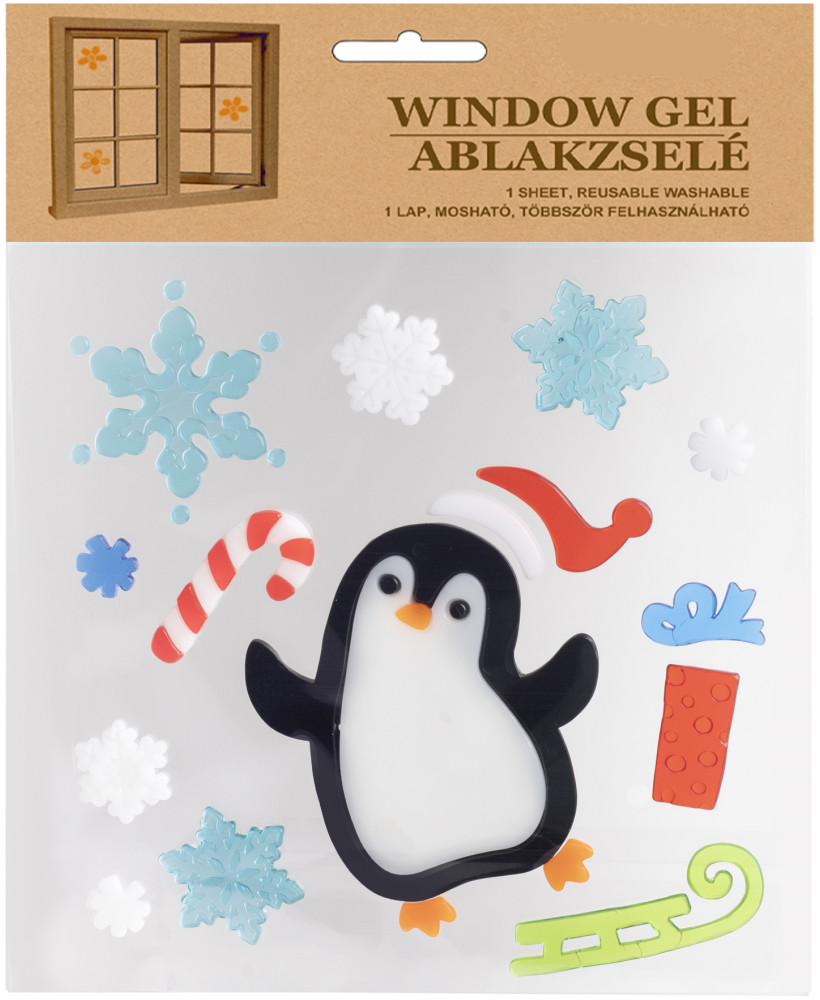 Pingvin, hópehely téli ablakmatrica, ablakzselé, ablakdísz