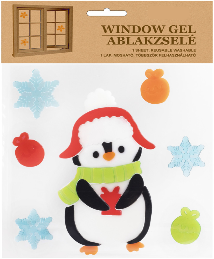 Pingvin sapkában téli ablakmatrica, ablakzselé, ablakdísz