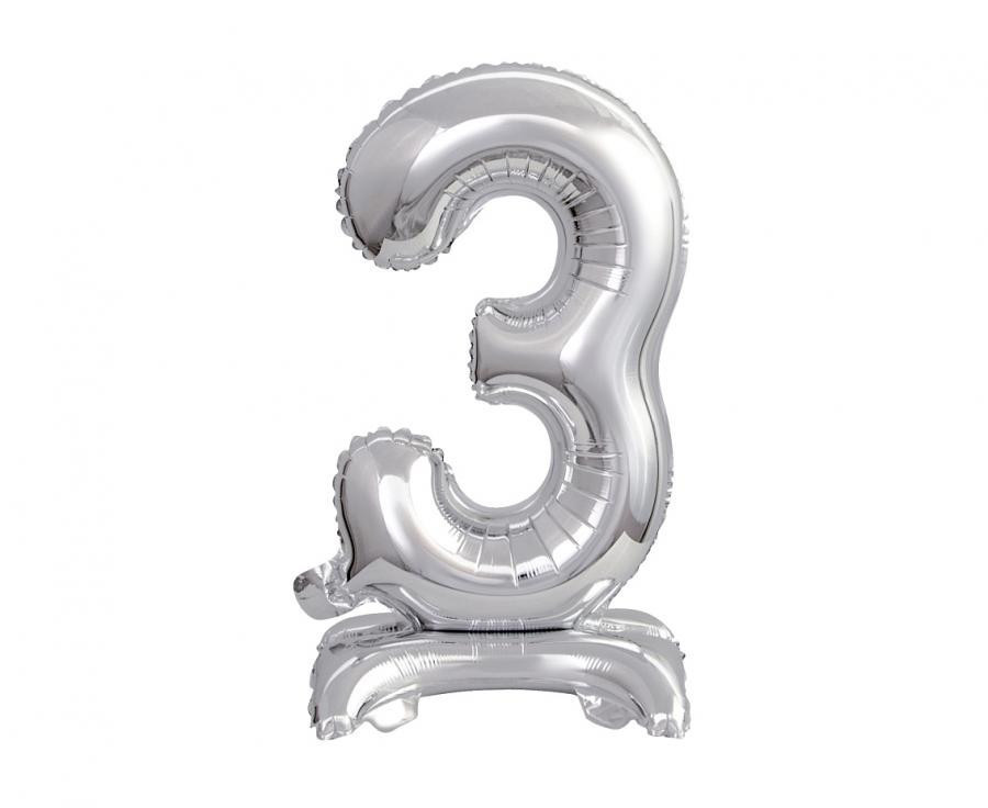 Image of Silver, Ezüst mini 3-as szám fólia lufi talppal 38 cm